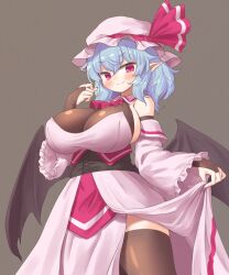 alternate_breast_size alternate_costume arinu ascot bat_wings blue_hair blush breasts cleavage corset detached_sleeves dress elbow_gloves fingernails gloves grey_background hat hat_ribbon highres large_breasts long_fingernails mob_cap pink_dress pink_hat red_ascot red_eyes red_nails remilia_scarlet ribbon short_hair sidelocks skindentation slit_pupils smile thick_thighs thighhighs thighs touhou wings