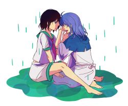 2girls ahoge aqua_eyes ascot bad_feet bad_id bad_pixiv_id barefoot black_hair crying dress hair_over_eyes hood hood_down kumoi_ichirin light_purple_hair multiple_girls murasa_minamitsu no_headwear no_headwear rain sailor_dress seiza sitting tears touhou yuri yuzuki_(rinka01)