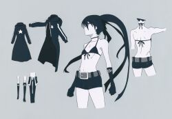 1girl absurdres belt bikini bikini_top_only black_coat black_gloves black_hair black_rock_shooter black_rock_shooter_(character) black_shorts blue_eyes boots coat concept_art front-tie_bikini_top front-tie_top gloves highres hood hooded_coat long_hair matsuo_yuusuke official_art open_clothes open_coat pale_skin production_art scar shorts swimsuit twintails uneven_twintails