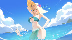 Rule 34 | 2girls, :d, absurdres, ahoge, alternate costume, animal ears, arm behind head, arm up, bikini, black hair, blonde hair, blue bikini, blue sky, breasts, cleavage, cloud, commentary, crossed bangs, day, dooby (vtuber), english commentary, facing viewer, flower, frilled bikini, frills, front-tie bikini top, front-tie top, green bikini, green eyes, green nails, green sarong, halterneck, hand on own hip, hat, hat flower, highleg, highleg bikini, highres, indie virtual youtuber, large breasts, looking at viewer, mouse girl, mouse tail, multicolored hair, multiple girls, nail polish, navel, nimi nightmare, o-ring, o-ring bikini, ocean, open mouth, outdoors, partially submerged, partially underwater shot, sarong, see-through clothes, see-through sarong, short hair, sky, smile, stomach, straw hat, streaked hair, sun hat, swimsuit, tail, tapir ears, tapir girl, teeth, upper teeth only, v, virtual youtuber, yubbiidraw