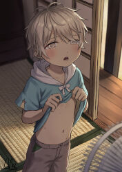 1boy alk blue_hoodie blush brown_shorts clothes_lift electric_fan grey_eyes grey_hair highres hood hoodie male_focus navel open_mouth original shirt_lift short_hair shorts shota solo stomach tatami