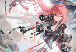 1girl absurdres ai_arctic_warfare aiming angel arknights black_boots black_dress black_thighhighs bolt_action boots chiaspicy commentary_request detached_wings dress flower gun halo highres holding holding_weapon lemuen_(arknights) one_eye_closed pink_eyes pink_hair rifle scope short_dress sniper_rifle solo thigh_boots thighhighs thighs weapon wings