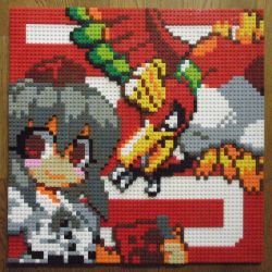 Rule 34 | 1girl, black hair, buttons, camera, closed mouth, gen 2 pokemon, hat, highres, ho-oh, holding, holding camera, legendary pokemon, lego, lego (medium), looking at viewer, nintendo, photo (medium), pixel art, pokemon, pokemon (creature), red background, red eyes, shameimaru aya, shirt, short hair, short sleeves, smile, text background, tokin hat, touhou, unconventional media, upper body, white shirt, wings, you rei (blowback)
