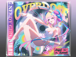 1girl ;d alternate_costume animal_ears bare_legs bare_shoulders barefoot blonde_hair blue_bow blue_eyes blue_hair blue_nails bow breasts cd_case character_name chouzetsusaikawa_tenshi-chan chouzetsusaikawa_tenshi-chan_(playboy_bunny) cleavage commentary copyright_name detached_collar fake_animal_ears full_body hair_bow hair_ornament heart highres junpaku_karen knees_up leotard long_hair looking_at_viewer medium_breasts multicolored_hair nail_polish needy_girl_overdose one_eye_closed open_mouth pink_bow pink_hair pink_nails playboy_bunny quad_tails rabbit_ears smile solo strapless strapless_leotard twintails very_long_hair white_leotard wrist_cuffs