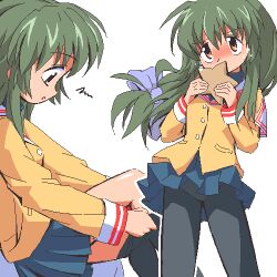 1girl balsamic_sauce blush clannad dressing green_hair hikarizaka_private_high_school_uniform ibuki_fuuko jacket long_hair lowres multiple_views oekaki orange_eyes panties panties_under_pantyhose pantyhose school_uniform skirt starfish underwear