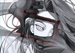 1girl black_nails finger_frame grey_hair hand_over_eye highres korean_commentary long_hair looking_at_viewer nakddidi one_eye_closed original parted_bangs partially_colored red_pupils simple_background solo upper_body white_background white_eyes