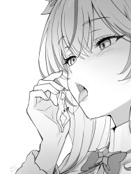 Rule 34 | 1boy, 1girl, after fellatio, bow, bowtie, completely nude, erection, flower, giant, giantess, greyscale, hair flower, hair ornament, hand up, highres, hololive, long hair, monochrome, multicolored hair, neck ribbon, nude, penis, ribbon, saliva, saliva trail, seo tatsuya, streaked hair, virtual youtuber, white background, yukihana lamy