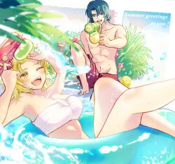 1boy 1girl amu_mmy athrun_zala bikini blonde_hair blue_hair blush breasts bush cagalli_yula_athha commentary green_eyes gundam gundam_seed haro highres holding holding_water_gun male_swimwear medium_breasts one_eye_closed pool red_swim_trunks sitting smile splashing summer swim_ring swim_trunks swimsuit symbol-only_commentary water water_drop water_gun white_bikini yellow_eyes