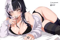 1girl bed_sheet black_bra black_hair black_panties black_thighhighs bra breasts cleavage commentary english_commentary grey_hair grin hololive hololive_english jewelry large_breasts lingerie long_hair long_sleeves looking_at_viewer mouth_hold multicolored_hair off_shoulder oioi_ainomo original paid_reward_available panties pointy_ears ribbon ribbon_in_mouth ring shiori_novella simple_background smile solo split-color_hair sweater thigh_gap thighhighs two-tone_hair underwear virtual_youtuber white_background white_sweater yellow_eyes