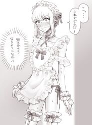 Rule 34 | 1boy, apron, blush, bow, collar, cross-laced clothes, crossdressing, crossdressing (mtf), ear piercing, embarrassed, frilled apron, frilled collar, frilled thighhighs, frills, hairband, heart apron, highres, lolita hairband, looking at viewer, male focus, monochrome, nervous smile, nervous sweating, open mouth, original, panties, piercing, ribbon, seira (yuki touko), side-tie panties, sleeve cuffs, smile, solo, speech bubble, sweat, thighhighs, trap, underwear, updo, yuki touko