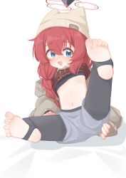 1girl :d absurdres beanie black_bra black_pantyhose blue_archive blue_eyes bra braid chinese_commentary clothes_lift full_body glyphsss grey_jacket grey_shorts halo hat highres jacket large_variant_set leg_up loli long_hair long_sleeves maki_(blue_archive) maki_(camp)_(blue_archive) navel open_mouth pantyhose red_hair red_halo red_sweater shorts smile solo stirrup_legwear sweater sweater_lift thighband_pantyhose toeless_legwear underwear variant_set