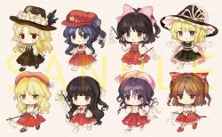 6+girls ankle_socks beret black_capelet black_hair black_hat black_skirt black_vest blonde_hair blonde_shrine_maiden_from_a_future_era_(touhou) blue_eyes blush_stickers bow bowtie braid brown_eyes brown_footwear brown_hat brown_vest newsboy_cap capelet chibi closed_mouth collared_shirt cross detached_sleeves earrings frilled_capelet frilled_hat frilled_skirt frills girl_who_trained_on_mt._haku_(touhou) gohei hair_bow hair_ribbon hakama hakama_skirt hakurei_reimu hat hat_feather hat_ornament hat_ribbon highres holding holding_cross hourai_girl_(touhou) jacket_girl_(dipp) japanese_clothes jewelry kariginu kimono kirisame_marisa label_girl_(dipp) long_hair long_sleeves mandarin_collar medium_hair midriff miko moonlight&#039;s_anti-soul_(touhou) multiple_girls neck_ribbon orange_eyes orange_hair pink_bow pocket polka_dot polka_dot_bow portrait_of_exotic_girls purple_eyes purple_hair red_bow red_bowtie red_footwear red_hakama red_hat red_shirt red_skirt red_sleeves ribbon ribbon-trimmed_shirt ribbon-trimmed_vest ribbon_trim sample_watermark sasami_(shiroi_fuwafuwa) sash shirt side_ponytail simple_background single_braid skirt skirt_set smile socks stake standing star_(symbol) star_hat_ornament tabi touhou very_long_hair vest watermark white_background white_footwear white_hat white_kimono white_ribbon white_sash white_shirt white_sleeves white_socks wide_sleeves witch witch_hat yellow_eyes yin_yang yin_yang_earrings