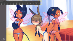 10s 2016 3girls animal_ears ass bed bedroom bell black_hair blue_bra blue_panties blush bra braid breasts brown_hair calendar cat_ears cat_girl cat_tail cleavage collarbone curtains dark_skin detached_collar drantyno fairy_wings female_focus floral_print hair_bell hair_ornament highres january loli long_hair looking_back multiple_girls navel neyome_(drantyno) no_eyes open_mouth original panties pink_panties ponytail print_panties rabbit_ears rabbit_girl rabbit_tail short_hair side-tie_panties small_breasts standing tail teeth topless_female twin_braids underwear undressing wings yellow_eyes
