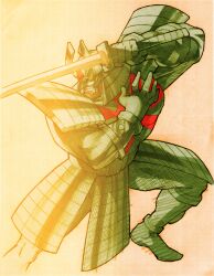 1boy angry armor bengus capcom clenched_teeth fighting_stance game_cg helm helmet highres japanese_armor kabuto_(helmet) katana kusazuri male_focus marvel marvel_vs._capcom marvel_vs._capcom_2 no_pupils non-web_source official_art rising_sun_flag samurai scan shikoro sidelighting silver_samurai solo sunburst sword teeth weapon x-men