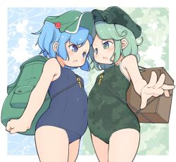 2girls adapted_costume angry backpack bag bare_shoulders blue_eyes blue_hair blue_one-piece_swimsuit blue_school_swimsuit blush border breasts camouflage camouflage_swimsuit commentary_request covered_navel cowboy_shot eye_contact face-to-face foreshortening green_eyes green_hair green_headwear green_one-piece_swimsuit hair_bobbles hair_ornament hat highres kawashiro_nitori looking_at_another multiple_girls old_school_swimsuit one-piece_swimsuit open_mouth outside_border plump print_one-piece_swimsuit school_swimsuit short_hair small_breasts swimsuit touhou turnip_kabura two_side_up v-shaped_eyebrows white_border yamashiro_takane
