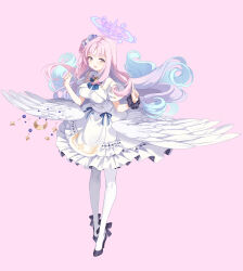 1girl alternate_hair_color black_bow black_scrunchie black_shoes blue_archive blue_bow blue_bowtie blue_hair blush bow bowtie breasts commentary dress feathered_wings footwear_bow full_body gradient_hair h2so4 halo highres large_breasts long_hair low_wings mika_(blue_archive) multicolored_hair open_mouth pantyhose pink_background pink_hair pink_halo scrunchie shoes simple_background solo standing very_long_hair white_dress white_pantyhose white_wings wings yellow_eyes