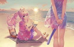 2girls :o animal_ear_fluff animal_ears arm_strap arms_behind_back beach cat_ears cat_girl cat_tail cloud drawing_(action) drawing_(object) dress dusk english_text fake_tail floral_print fraise_(nekopara) game_cg green_eyes highres holding_own_hand long_hair minazuki_shigure multicolored_dress multiple_girls nekopara non-web_source ocean official_art pink_dress pink_hair sand sandals sayori_(neko_works) see-through_silhouette sunset tail towel