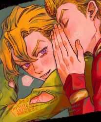 2boys absurdres blonde_hair closed_eyes clothing_cutout curtained_hair double-parted_hair drawn_heart earrings giorno_giovanna green_shirt heart highres jacket jewelry jojo_no_kimyou_na_bouken male_focus multiple_boys okokoro_zaiku pannacotta_fugo parted_bangs pink_jacket purple_eyes shirt sleeves_past_wrists smile smiley_face speech_bubble spoken_smile stud_earrings twitter_username vento_aureo victory_rolls watermark whispering whispering_in_ear yaoi