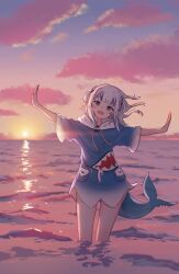 1girl absurdres bare_legs blue_eyes blue_hoodie blunt_bangs fins fish_tail floating_hair gawr_gura gawr_gura_(1st_costume) hair_ornament highres hololive hololive_english hood hood_down hoodie horizon looking_at_viewer medium_hair multicolored_hair ocean outstretched_arms pink_clouds ride_on_time shark_hair_ornament shark_tail sharp_teeth smile solo straight-on streaked_hair sunset tail teeth virtual_youtuber wading waneyeye waves white_hair wide_sleeves