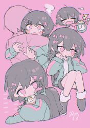 1boy 1girl backpack bag blush_stickers bow bread bread_slice clock crying crying_with_eyes_open fingernails flower food food_in_mouth fried_egg fried_egg_on_toast green_jacket grey_bag grey_hair grey_shoes grey_shorts hair_bow hair_flower hair_ornament hands_on_own_cheeks hands_on_own_face hashtag-only_commentary highres iyowa_girls jacket kurari-chan_(iyowa) kyu-kurarin_(cevio) mouth_hold multiple_hair_bows multiple_views pink_background pink_bow pink_eyes pink_flower shirt shoes short_hair shorts signature sushiuma_m tears toast toast_in_mouth track_jacket white_shirt yawning