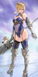 1girl absurdres ahoge armored_boots artoria_pendragon_(fate) artoria_pendragon_(lancer)_(fate) bare_shoulders blonde_hair blue_leotard blue_thighhighs boots braid braided_bun breasts commentary covered_navel cross-laced_clothes cross-laced_legwear crown fate/grand_order fate_(series) garter_straps gauntlets gold_trim green_eyes hair_between_eyes hair_bun highres hip_focus knee_boots lance leotard looking_to_the_side medium_breasts parted_lips polearm rhongomyniad_(fate) sidelocks solo thighhighs thighs tile_floor tiles weapon wide_hips yd_(orange_maru)