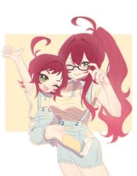 2girls :3 :d adjusting_eyewear antenna_hair arm_up black-framed_eyewear blue_shoes breasts carrying chi_kan100 child_carry collared_shirt cowboy_shot curly_hair denim denim_shorts double-parted_bangs dual_persona frilled_shorts frills glasses green_eyes grin hair_between_eyes hair_intakes highres kimi_no_koto_ga_dai_dai_dai_dai_daisuki_na_100-nin_no_kanojo kneehighs large_breasts light_blush long_hair looking_at_viewer matching_outfits medium_hair multiple_girls one_eye_closed open_mouth outline outstretched_arm pentarou polo_shirt ponytail red_hair shirt shoes short_bangs short_sleeves shorts sidelocks simple_background smile sneakers socks striped_clothes striped_shirt suspender_shorts suspenders teeth upper_teeth_only v-shaped_eyebrows very_long_hair white_background white_outline white_shirt yakuzen_kusuri yakuzen_kusuri_(older) yellow_background yellow_outline yellow_shirt yellow_socks