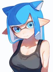 Rule 34 | 1girl, animal ears, asymmetrical bangs, blue eyes, blue hair, breasts, cat ears, closed mouth, inkling, inkling girl, inkling player character, kemonomimi mode, kodak painter, long hair, looking at viewer, medium breasts, nintendo, parted bangs, pointy ears, simple background, solo, splatoon (series), splatoon 3, tentacle hair, upper body, white background