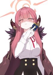1girl absurdres artist_request aru_(blue_archive) black_skirt blue_archive brown_coat brown_horns card closed_mouth coat coat_on_shoulders demon_horns fur-trimmed_coat fur_trim gloves halo high-waist_skirt highres holding holding_card horns kamen_rider kamen_rider_dcd long_hair long_sleeves looking_at_viewer low_horns pink_hair pink_halo shaded_face shirt simple_background skirt solo upper_body white_background white_gloves white_shirt yellow_eyes
