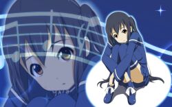 1girl black_hair blue_thighhighs brown_eyes convenient_censoring dot_nose k-on! long_hair looking_at_viewer musical_note nakano_azusa oku_no_shi open_mouth shoes sitting solo thighhighs