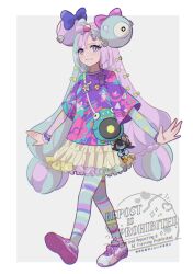 1girl alternate_costume bag bellibolt bow bow-shaped_hair bracelet character_hair_ornament charm_(object) closed_mouth commentary_request frilled_skirt frills full_body gen_4_pokemon green_hair hair_bow hair_ornament iono_(pokemon) jewelry long_hair luxio mizuiro123 multicolored_hair nintendo pantyhose pokemon pokemon_sv purple_hair purple_shirt shirt shoes shoulder_bag skirt smile solo standing twintails two-tone_hair undershirt watermark yellow_skirt
