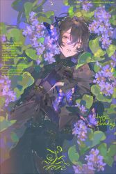 1boy absurdres black_gloves black_jacket black_pants brown_hair bug butterfly commission english_text flower gloves happy_birthday highres insect jacket leaf lying male_focus original pants parted_lips purple_butterfly purple_eyes purple_flower signature solo teeth w_zhengz