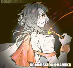 1girl anime_coloring bandage_over_one_eye bound braid bright_pupils brown_background caustics collared_shirt colored_inner_hair commission dark_background gloves gradient_background grey_hair highres indoors kamika light_smile looking_at_viewer medium_hair multicolored_hair orange_eyes orange_scarf original portrait restraints scarf shirt side_braid smile straitjacket upper_body wavy_hair white_gloves white_hair white_shirt