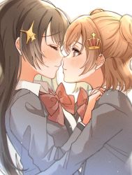 2girls aijou_karen black_hair blush brown_hair crown_hair_ornament closed_eyes highres jacket kagura_hikari multiple_girls red_neckwear rococomm123 school_uniform short_hair shoujo_kageki_revue_starlight simple_background two_side_up white_background yuri