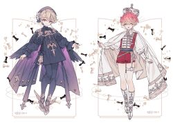 Rule 34 | 2boys, bird wings, black footwear, black hat, black pantyhose, black robe, black wings, blonde hair, boots, braid, cape, chess piece, collage, crown, embroidery, fashion, full body, gradient hair, hat, lemon89h, looking at viewer, multicolored hair, multiple boys, open mouth, original, pantyhose, purple cape, purple eyes, red hair, red shirt, red shorts, robe, shirt, short hair, shorts, standing, two-tone hair, wavy hair, white cape, white crown, white footwear, winged footwear, wings, yellow eyes