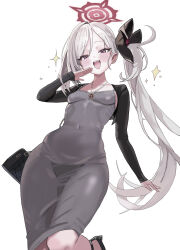 1girl absurdres bag black_bag black_flower blue_archive blush breasts commentary dongtan_dress dress feet_up flower from_below grey_dress hair_flower hair_ornament halo hand_up highres long_hair long_sleeves looking_at_viewer meme_attire mutsuki_(blue_archive) open_mouth parted_bangs red_eyes red_halo red_ribbon ribbon shogunx1x shoulder_bag side_ponytail simple_background sleeveless sleeveless_dress slit_pupils small_breasts solo standing swept_bangs teeth thighs upper_teeth_only very_long_hair white_background white_hair