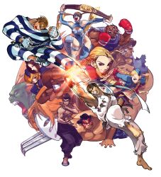 5girls 6+boys absurdres balrog_(street_fighter) bandages barefoot belt black_hair blanka blonde_hair boxing_gloves braid brown_hair cammy_white chain clash claw_(weapon) claws clenched_teeth cody_travers colored_skin cuffs dee_jay e._honda everyone facepaint feet fei_long fighting_stance final_fight flying_kick game_cg gloves glowing green_skin handcuffs harumaru hat headband highres juli_(street_fighter) juni_(street_fighter) kanzuki_karin kicking mask multiple_boys multiple_girls muscular native_american non-web_source official_art punching rainbow_mika ringlets ryu_(street_fighter) short_hair shouryuuken street_fighter street_fighter_zero_(series) teeth thunder_hawk torn_clothes twin_braids twintails uppercut vega_(street_fighter) weapon