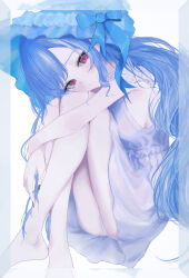 1girl blue_bow blue_hair blue_hat blush bow closed_mouth dress hairband hat hat_bow highres hugging_own_legs lolita_hairband long_hair looking_at_viewer oekaki_siro panties red_eyes sidelocks sitting solo underwear vivian_banshee white_dress white_panties zenless_zone_zero