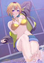 1girl bare_legs barefoot bikini blonde_hair colored_inner_hair feet foot_out_of_frame gold_bikini gunknown idolmaster idolmaster_va-liv jacket jacket_over_swimsuit letora_(idolmaster) multicolored_hair nail_polish roots_(hair) soles swimsuit toenail_polish toenails toes
