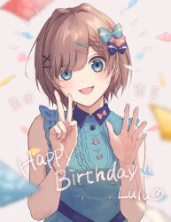 Rule 34 | 1girl, aqua bow, aqua dress, aqua nails, blue eyes, blurry, blurry background, blurry foreground, blush, bow, braid, braided bangs, brown hair, collared dress, confetti, dress, fingernails, grey background, hair bow, hair intakes, hair ornament, hairclip, happy birthday, highres, looking at viewer, multicolored nails, nail polish, nijisanji, open mouth, oshamu, pink bow, pink lips, pink nails, purple bow, short hair, sleeveless, sleeveless dress, smile, solo, striped bow, suzuhara lulu, suzuhara lulu (5th costume), swept bangs, two-tone bow, v, virtual youtuber, white bow