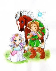 1boy 1girl aged_down blonde_hair blue_eyes boots bracelet closed_eyes dress epona fairy grass hat headdress himekawa_akira horse instrument jewelry kokiri_sword link music navi nintendo ocarina outdoors playing_instrument pointy_ears princess_zelda shield shield_on_back sitting smile sword sword_on_back tabard the_legend_of_zelda the_legend_of_zelda:_ocarina_of_time two-tone_dress weapon weapon_on_back young_zelda