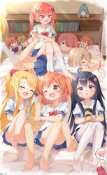 barefoot bad_tag black_hair blonde_hair bow child dress fang feet flower hair_bow hair_flower hair_ornament highres himesaka_noa hoshino_hinata hoshino_miyako_(wataten) konomori_kanon no_panties orange_hair painter-lhb pink_flower pink_hair bad_tag red_bow sailor_collar sailor_dress shirosaki_hana siblings sisters speech_bubble tanemura_koyori thick_eyebrows tickling tickling_feet tickling_sides tied_up_(nonsexual) track_suit watashi_ni_tenshi_ga_maiorita! white_sailor_collar