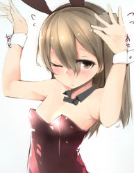 10s 1girl animal_ears bare_shoulders blush breasts brown_eyes brown_hair fake_animal_ears female_focus girls_und_panzer hairband highres leotard long_hair looking_at_viewer muoto one_eye_closed playboy_bunny rabbit_ears shimada_arisu small_breasts solo