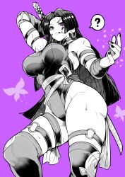 1girl ? absurdres blood blood_on_face breasts commentary_request fingernails greyscale_with_colored_background highres holding holding_sword holding_weapon katana large_breasts leotard long_hair looking_at_viewer marvel marvel_rivals nail_polish psylocke purple_background simple_background solo spoken_question_mark standing sweat sword thighhighs thighs weapon x-men yotsumi_shiro