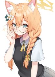 1girl absurdres adjusting_eyewear alternate_costume animal_ear_fluff animal_ears bespectacled black_sweater_vest blue_archive blue_eyes blush braid cat_ears closed_mouth collared_shirt commentary_request fingernails flower glasses grey_skirt hair_between_eyes hair_flower hair_ornament halo hand_up highres long_hair looking_at_viewer mari_(blue_archive) orange_hair round_eyewear sasakichi_(ssk_chi) shirt short_sleeves simple_background skirt smile sweater_vest upper_body white_background white_flower white_shirt yellow-framed_eyewear yellow_halo