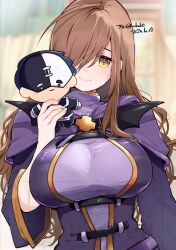 Rule 34 | 1girl, ahoge, breasts, brown eyes, brown hair, character doll, closed mouth, commentary request, doll, hair over one eye, kinako (mzknk0), kono subarashii sekai ni shukufuku wo!, large breasts, light blush, long hair, purple robe, robe, signature, smile, solo, stuffed toy, upper body, vanir, wiz (konosuba)