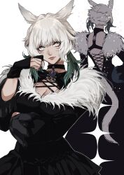 Rule 34 | 1girl, animal ears, back cutout, black dress, black gloves, breasts, brooch, cat ears, cat girl, cat tail, cleavage, clothing cutout, cowboy shot, dress, facial mark, feather hair ornament, feathers, final fantasy, final fantasy xiv, fur-trimmed dress, fur trim, gem, gloves, hair ornament, highres, jewelry, mamaloni, miqo&#039;te, multiple views, partially fingerless gloves, purple gemstone, short hair, simple background, tail, white background, white eyes, white hair, y&#039;shtola rhul