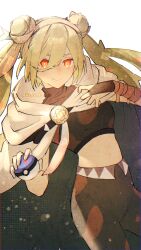 1girl absurdres bandaged_arm bandages cape crop_top double_bun great_ball green_hair ground_miku_(project_voltage) hair_between_eyes hair_bun hatsune_miku highres long_hair looking_at_viewer midriff mochunabeeeee nintendo orange_eyes pants poke_ball pokemon project_voltage smile twintails vocaloid