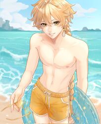 Rule 34 | 1boy, aether (genshin impact), beach, blonde hair, braid, cloud, cloudy sky, earrings, genshin impact, hair between eyes, hair ornament, highres, holding, holding removed eyewear, holding swim ring, hotaru aexi, innertube, jewelry, long hair, male focus, male swimwear, muscular, muscular male, navel, nipples, ocean, single earring, sky, smile, solo, star-shaped eyewear, star (symbol), stomach, swim ring, topless male, unworn eyewear, yellow eyes, yellow male swimwear