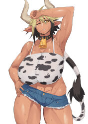 1girl :o abs animal_print bell black_hair blonde_hair blue_shorts breasts brown_eyes cathyl contrapposto cow_girl cow_horns cow_print cow_tail cowbell cowboy_shot dark-skinned_female dark_skin grey_horns hand_on_own_hip highres horns huge_breasts long_hair looking_at_viewer monster_musume_no_iru_nichijou mouth_hold multicolored_hair muscular muscular_female neck_bell one_eye_closed open_mouth pointy_ears short_shorts shorts simple_background solo stalk_in_mouth stormcow sweat tail tan two-tone_hair white_background wiping_sweat