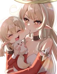 2girls ^_^ ahoge alice_(genshin_impact) bare_shoulders biting biting_ear blonde_hair blush breasts chuuna_(unagiunazy) cleavage closed_eyes collarbone commentary_request detached_sleeves dodoco_(genshin_impact) genshin_impact highres holding klee_(genshin_impact) mother_and_daughter multiple_girls open_mouth pointy_ears red_eyes red_sleeves simple_background twitter_username upper_body white_background